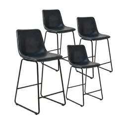 VENHOOUSE - Pack 4 Taburetes Pisos Bar Sillas Altas Metal Cuero Respaldo Cocina Burgos Negro