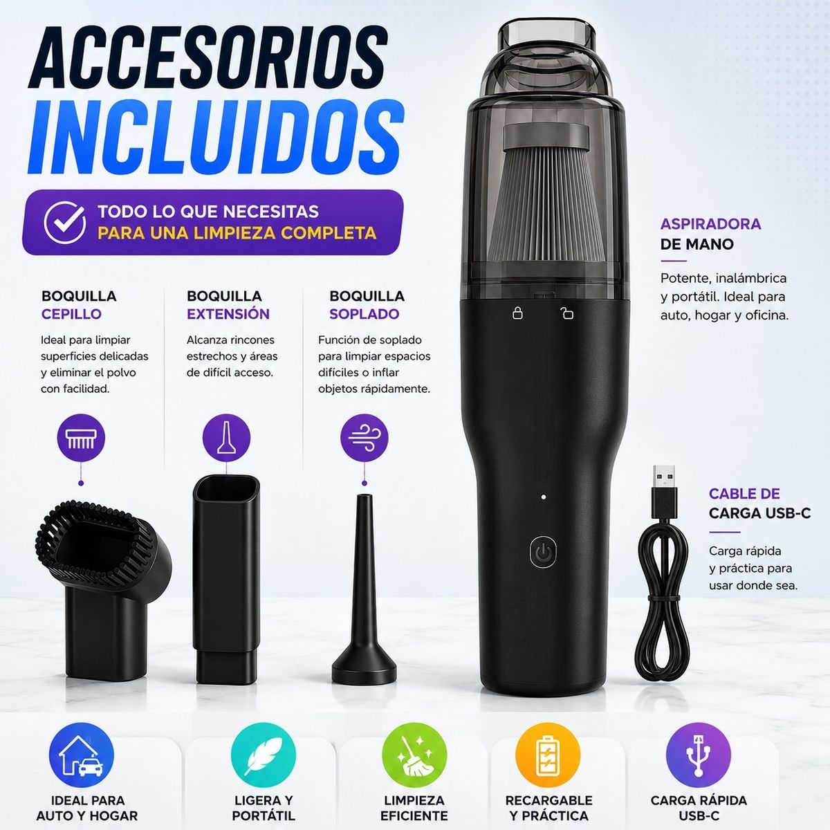 GENERICO - Aspiradora y Sopladora de Mano Inalámbrica 2 en 1 Recargable para Auto y Hogar