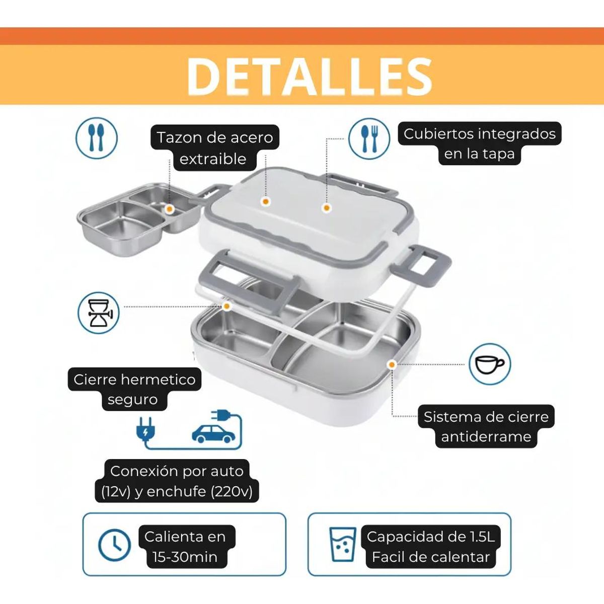 GENERICO - Lonchera eléctrica portátil térmica para alimentos 1.5 litros