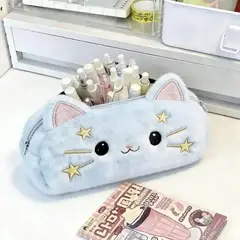GENERICO - Estuche cosmetiquero de peluche azul con diseño de gatito kawaii