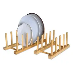 GENERICO - Organizador de platos, vasos, tazas y tapas de bambú con dos niveles