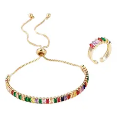 GENERICO - Set de pulsera y anillo ajustable con circones para mujer elegante