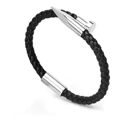 GENERICO - Pulsera de cuero para hombre con detalles metálicos plateados modernos