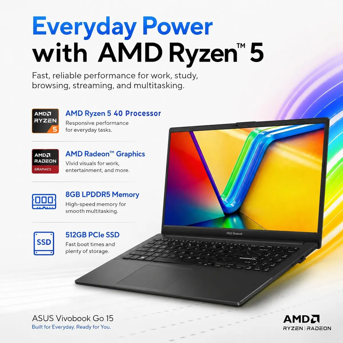 ASUS - Notebook ASUS 2023 Vivobook Go 15,15.6" FHD Display, AMD Ryzen 5 7520U, 8GB, 512GB, Win 11 Home