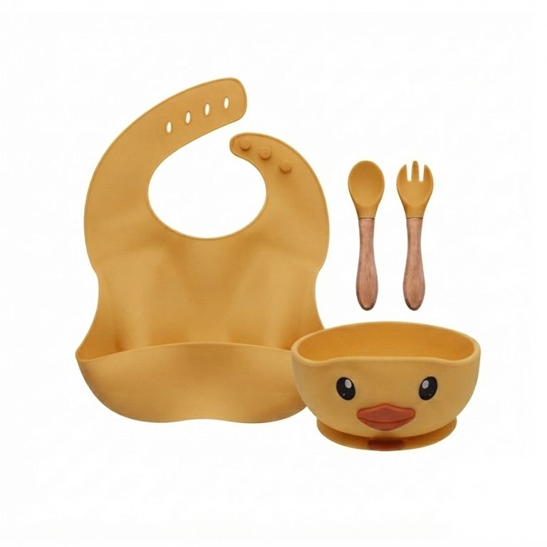 Set De Alimentacion Silicona Bebe 4 Piezas Silicona BPA Free Ventosa Amarillo