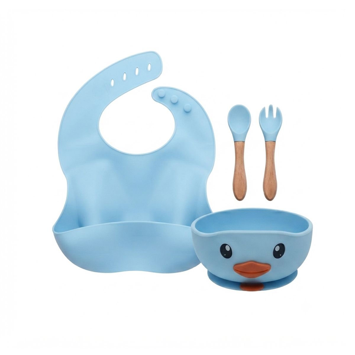 BABYMINE - Set De Alimentación Silicona Bebé 4 Piezas BABYMINE Silicona BPA Free Ventosa Celeste
