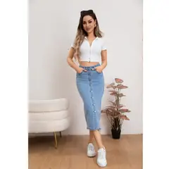 LIKE SHOP - Falda Tubo Larga Mujer Tiro Alto Jeans Elasticada Botones 6008