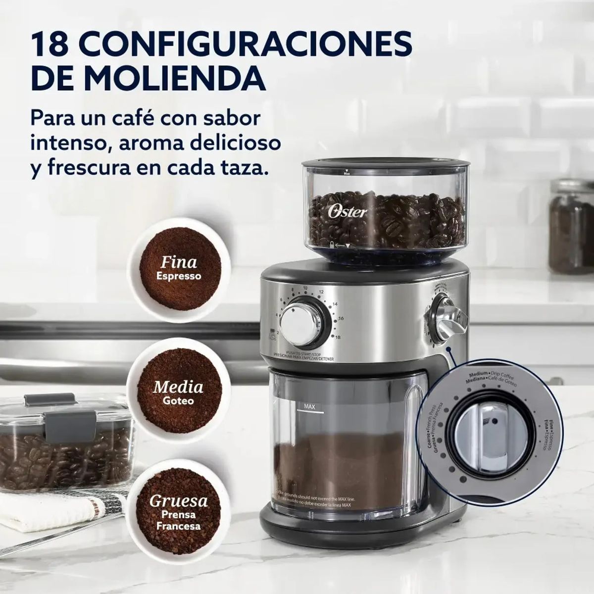 OSTER - Molinillo Café Oster Automático De Muelas 18 Configuraciones Gris