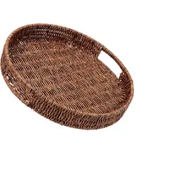 GENERICO - Bandeja Redonda de Rattan Tejida a Mano – Color Marrón (25 x 25 x 5 cm)