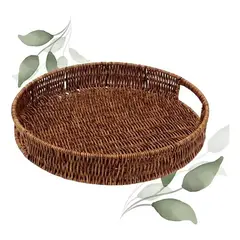 GENERICO - Bandeja Redonda de Rattan Tejida a Mano Color Marrón (30*30*5 cm)