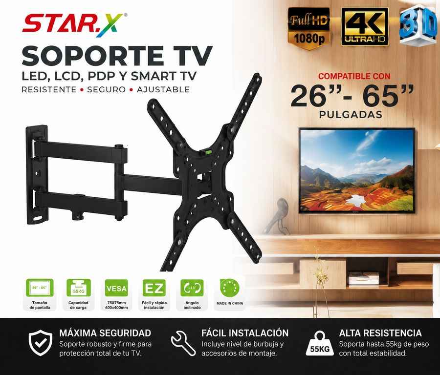STARAX Soporte TV Extensible Inclinable Star.X 26 a 65 Pulgadas VESA 400x400 HDL-117A-2