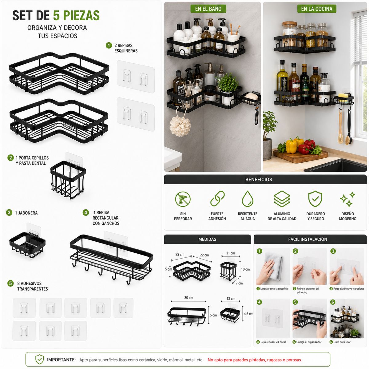 IRM - Organizador Esquinero de Baño Adhesivo Negro Sin Perforaciones Multiuso 5 Piezas