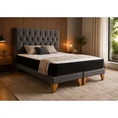 GENERICO - Cama 2 Plazas con Colchón Bonell + Box Tapizado + Respaldo Capitone de Felpa Gris Charcoal
