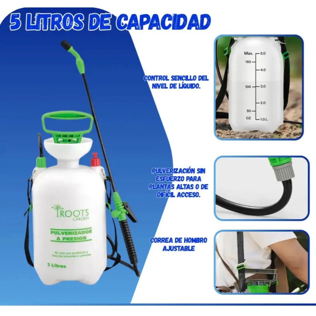 ROOTS - Pulverizador A Presion 5 Litros Fumigador Regadera Jardin
