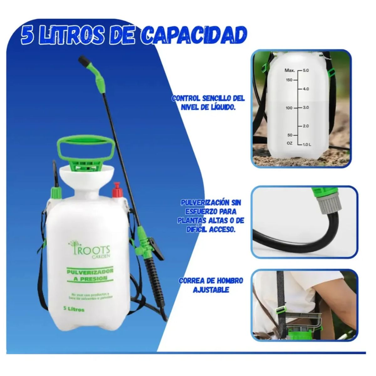 ROOTS - Pulverizador A Presion 5 Litros Fumigador Regadera Jardin