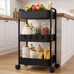 GENERICO - Carrito Organizador Metal 3 Niveles Con Ruedas Bloqueables Multiuso Cocina Baño Negro