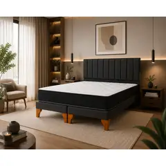 GENERICO - Cama 2 Plazas Base Europea + Respaldo Lineal Tapizado Lino Gris + Colchón Bonell 22