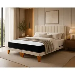 GENERICO - Cama 2 Plazas En Set Base Dividida + Respaldo Lineal Tapizado Lino Beige + Colchón Hibrido