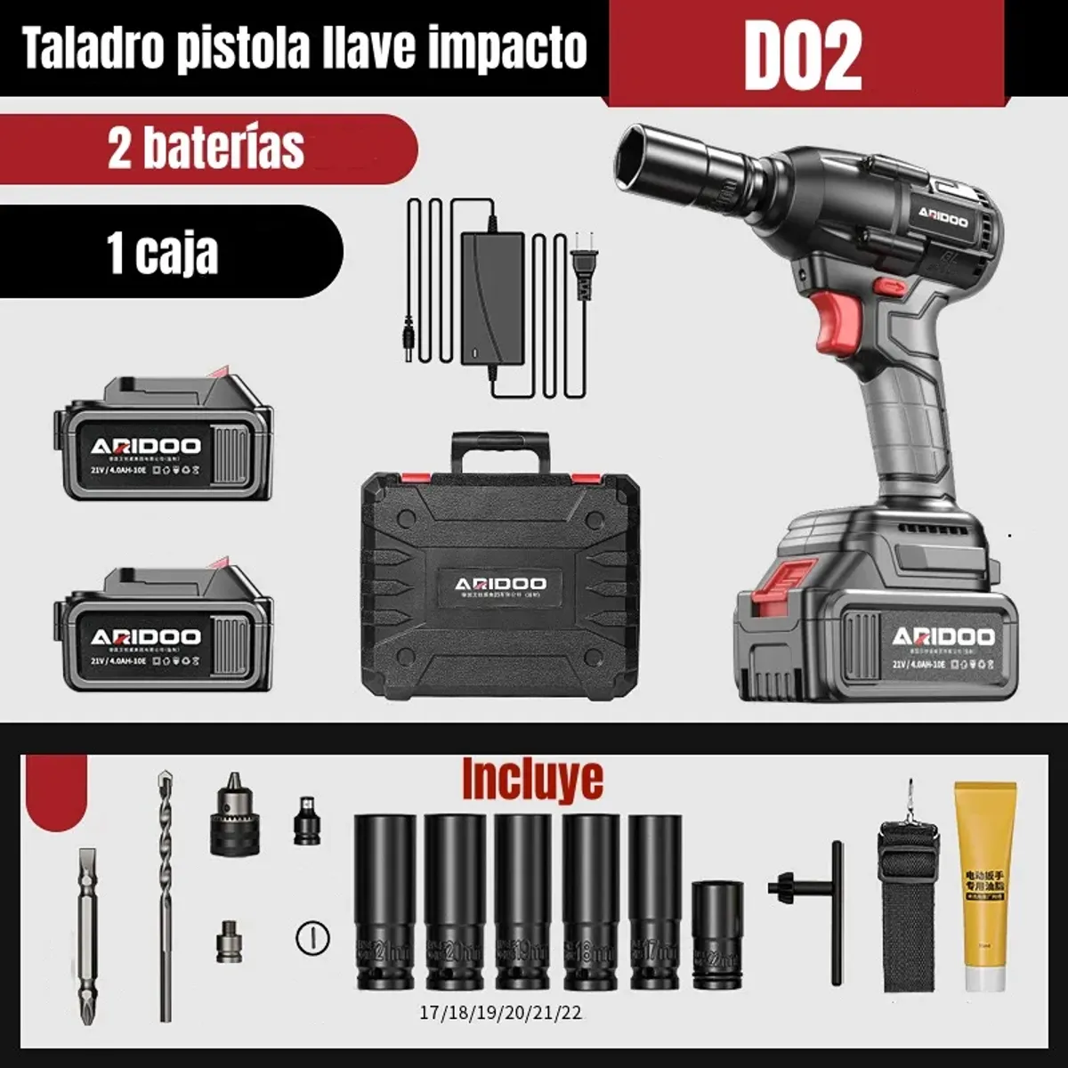LUBABYCAS - Kit Llave Impacto Inalámbrica Taladro Pistola 2 Baterías D02 Lubabycas