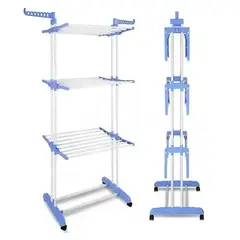MOVI - Tendedero de Ropa Vertical Plegable de 3 Niveles con Ruedas y Alas Laterales