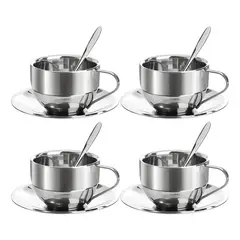 GENERICO - Set 4 tazas de acero inoxidable con cucharas y platos okl...