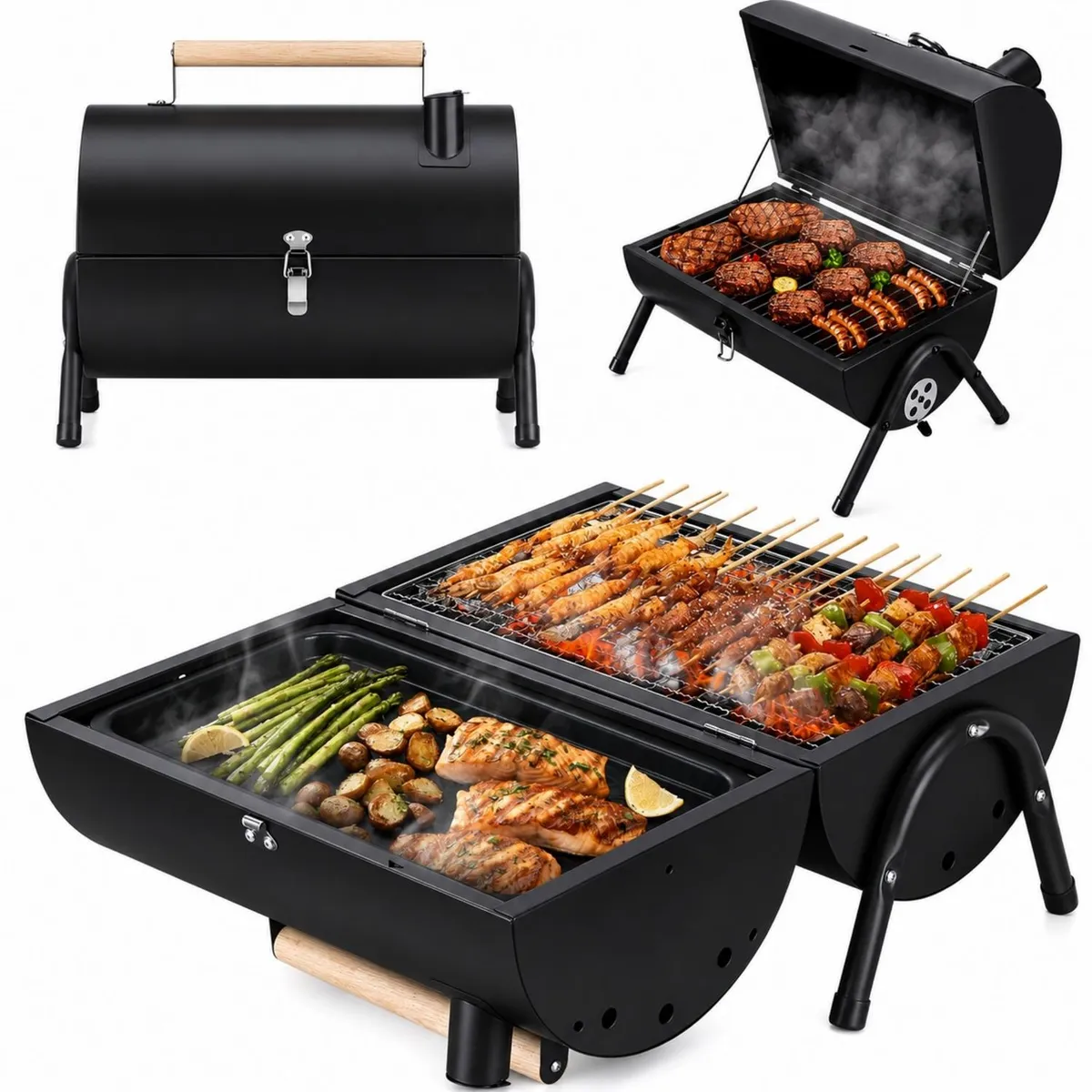 YEP S - Parrilla Ahumador Doble Portatil Carbon Camping - Negro