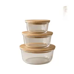 GENERICO - Set bowls vidrio herméticos tapa bambú 3 piezas cocina