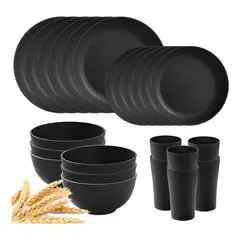 GENERICO - Cuadrada vajilla juego cocina paja trigo plato tazas kit 3