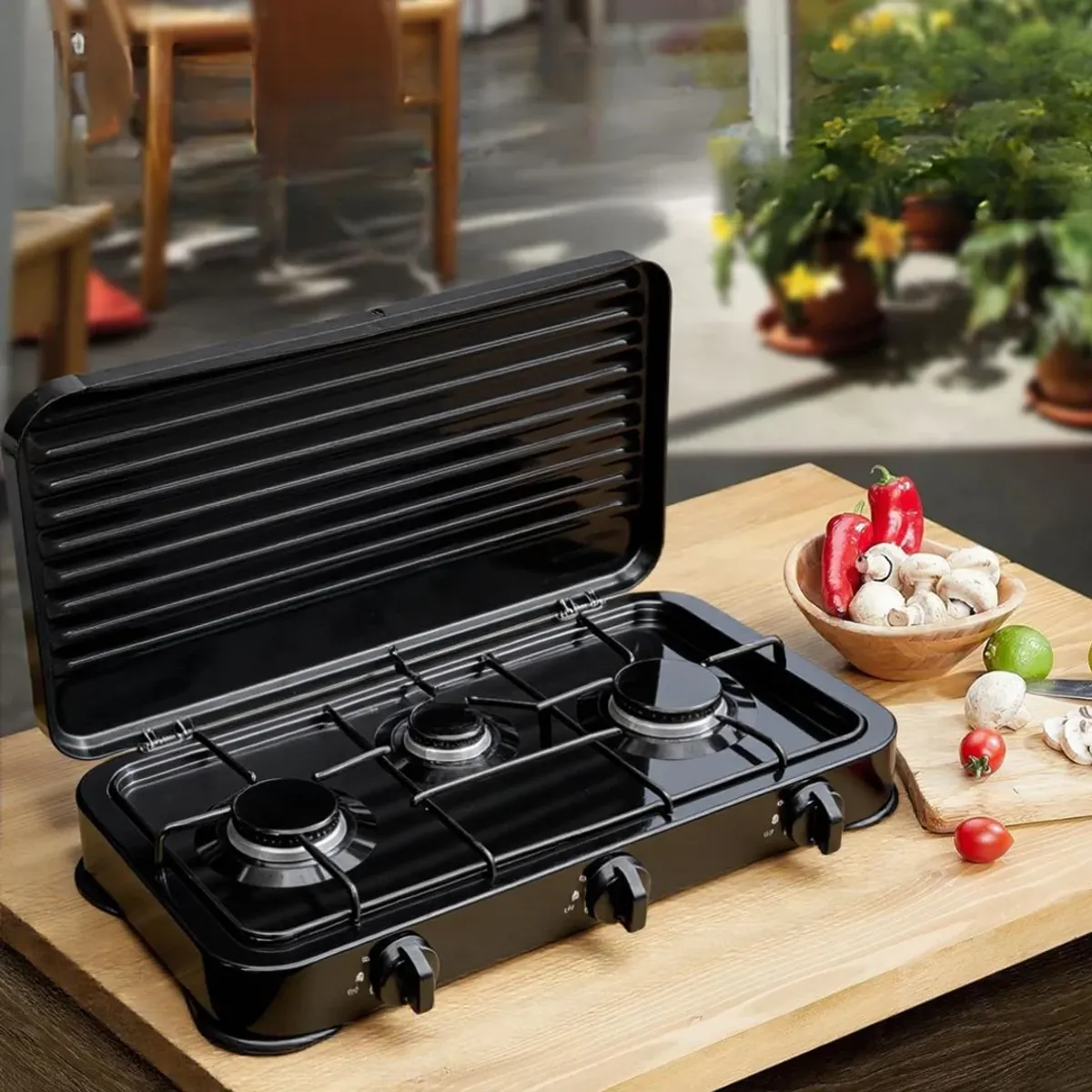 LINE - Cocina Encimera A Gas Licuado 3 Platos Cocinilla Negro