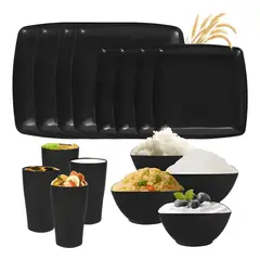 GENERICO - Cuadrada vajilla juego hogar paja trigo plato tazas 16 kit