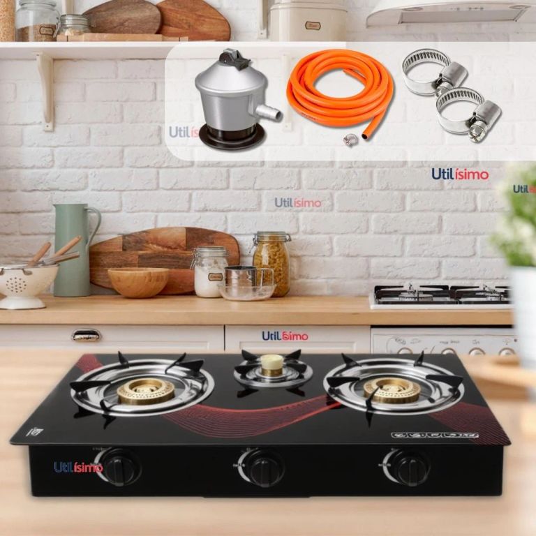 LINE Cocina Encimera a Gas Licuado Vidrio 3 Platos + KIT de Instalación