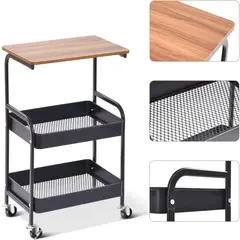 GENERICO - Carro Organizador Metálico de 3 Niveles con Cubierta de Madera MDF y Ruedas - Estante Multiuso para Cocina, Oficina y Hogar