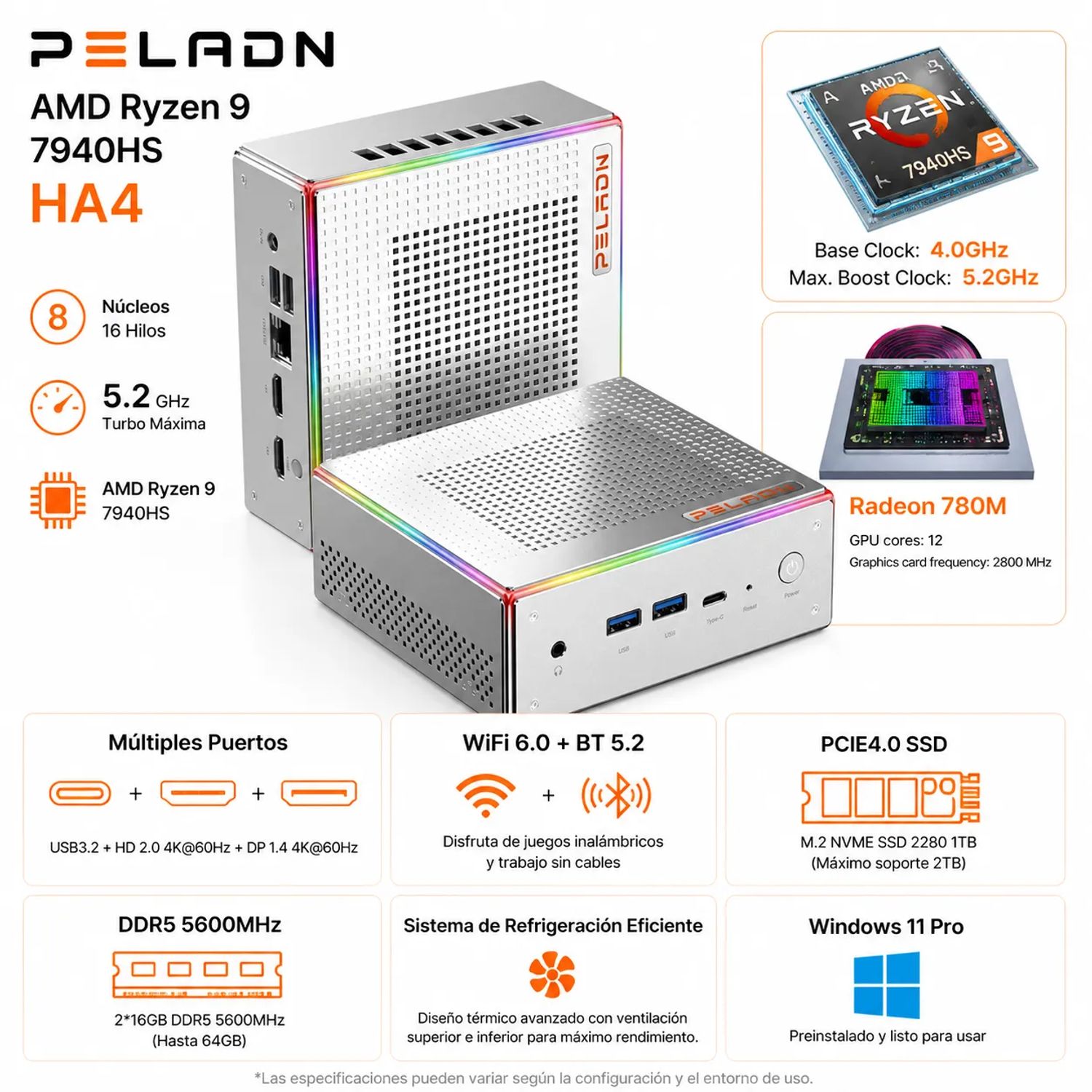 GENERICO Mini PC PELADN HO4 Ryzen 9 7940HS 16GB DDR5 1TB SSD NVMe