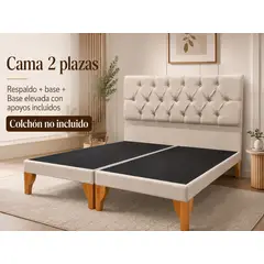 GENERICO - Base de Cama 2 Plazas con Respaldo Capitoné Tapizado en Lino - Base Dividida Sin Colchón