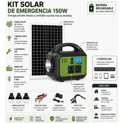 MOVI - KIT SOLAR DE EMERGENCIA 150 W, PANEL S.42X32 CMS,3 AMPOLLETAS,RADIO,BLUETOOTH,MP3, 2 LINTERNAS Y 2 CONEXIONES A 220 V.