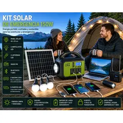 MOVI - KIT SOLAR DE EMERGENCIA 150 W, PANEL S.42X32 CMS,3 AMPOLLETAS,RADIO,BLUETOOTH,MP3, 2 LINTERNAS Y 2 CONEXIONES A 220 V.