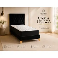 GENERICO - Cama 1 Plaza Balance con Colchón Híbrido Bonell, Respaldo Capitoné Felpa y Base Elevada