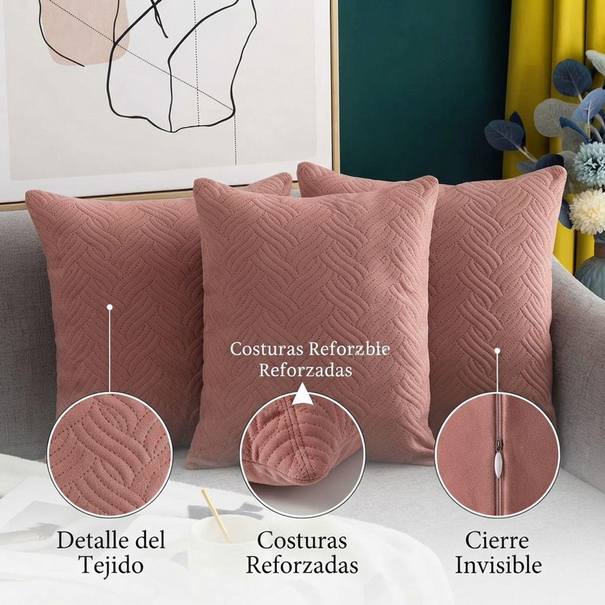 ARMONIA - Funda Decorativa Plush Rosa Texturizada Pack de 3 046 Calidad Premium