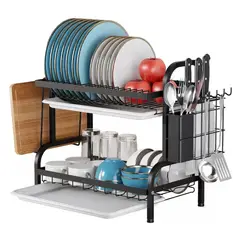GENERICO - Secador Escurridor De Loza Platos 2 Niveles Acero Inoxidable Negro