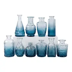 FLIPEREX - Set 10 Floreros Vidrio Tallado Efecto Degradado Decorativo - Azul