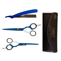HENBOR - Set Tijeras Corte y Pulir Azul Blanco con Porta Navaja Azul