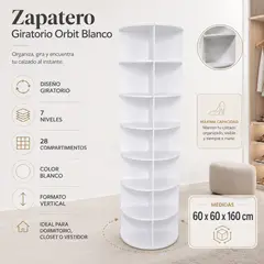 SPACE HOME - Zapatero Giratorio Orbit Blanco 7 Niveles 28 Compartimientos 60x60x160