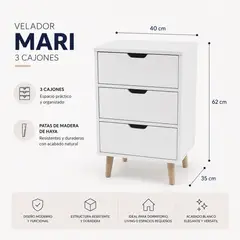 SPACE HOME - Mesa de Noche Mari Blanca 3 Cajones Estilo Nórdico