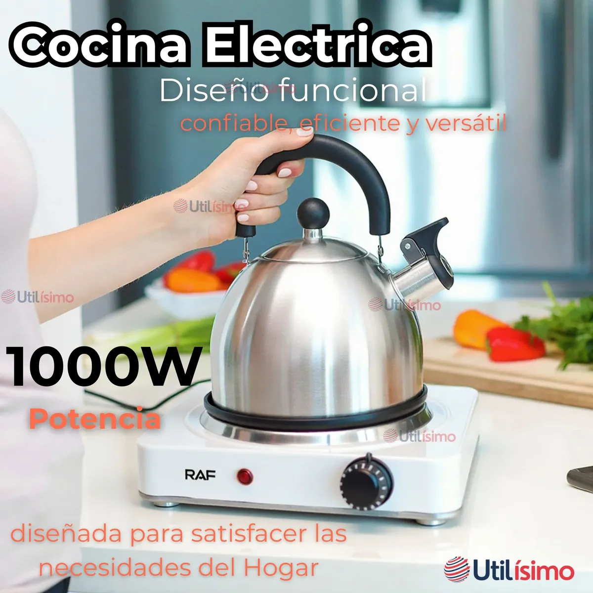 RAF - Cocina Eléctrica Portátil 1 Plato 1000W de Potencia Cocinilla Blanca