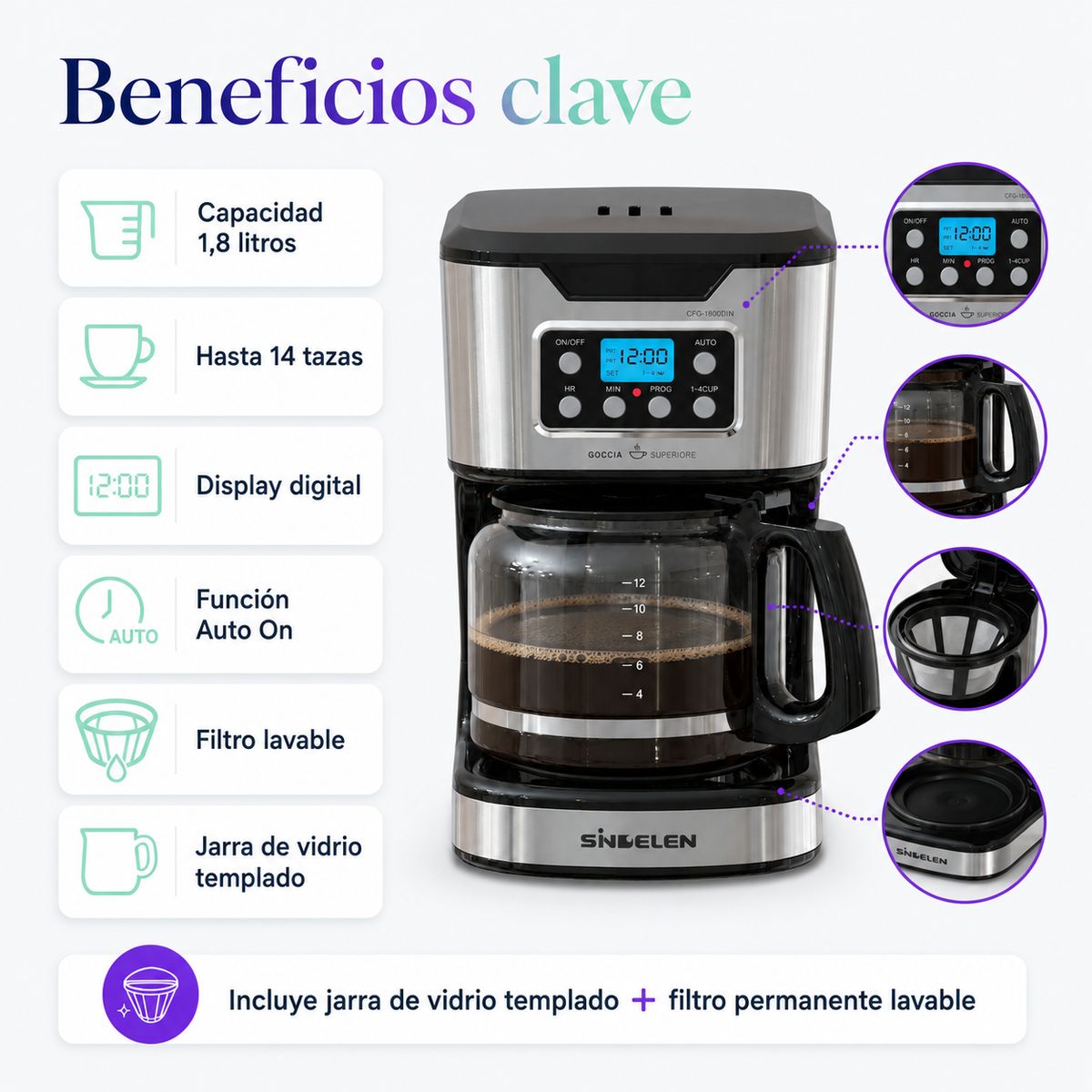 SINDELEN - Cafetera De Goteo Digital Sindelen Cfg-1800din 1.80 Lts