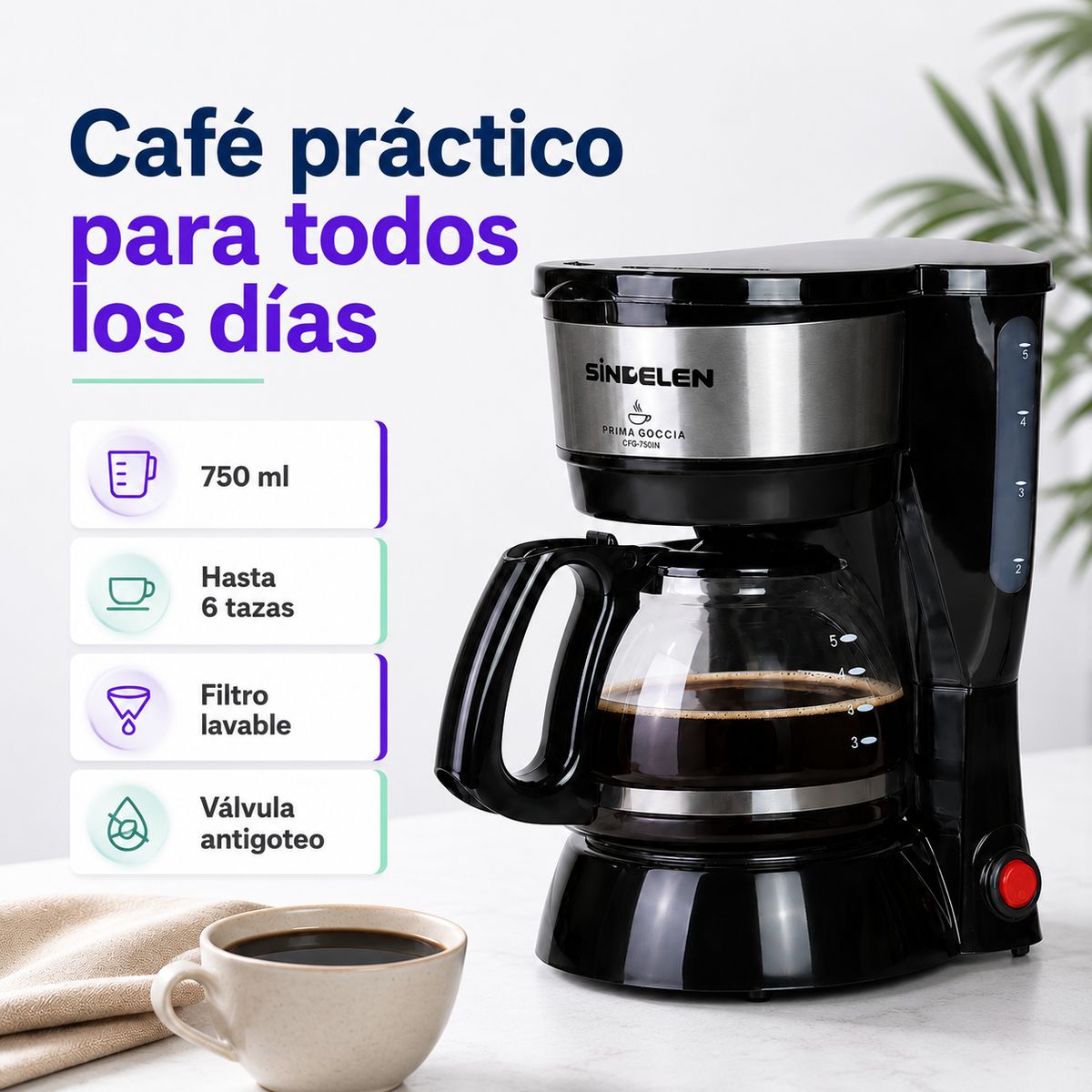 SINDELEN - Cafetera Electrica De Goteo Sindelen Cfg-750in 600w 750 Ml