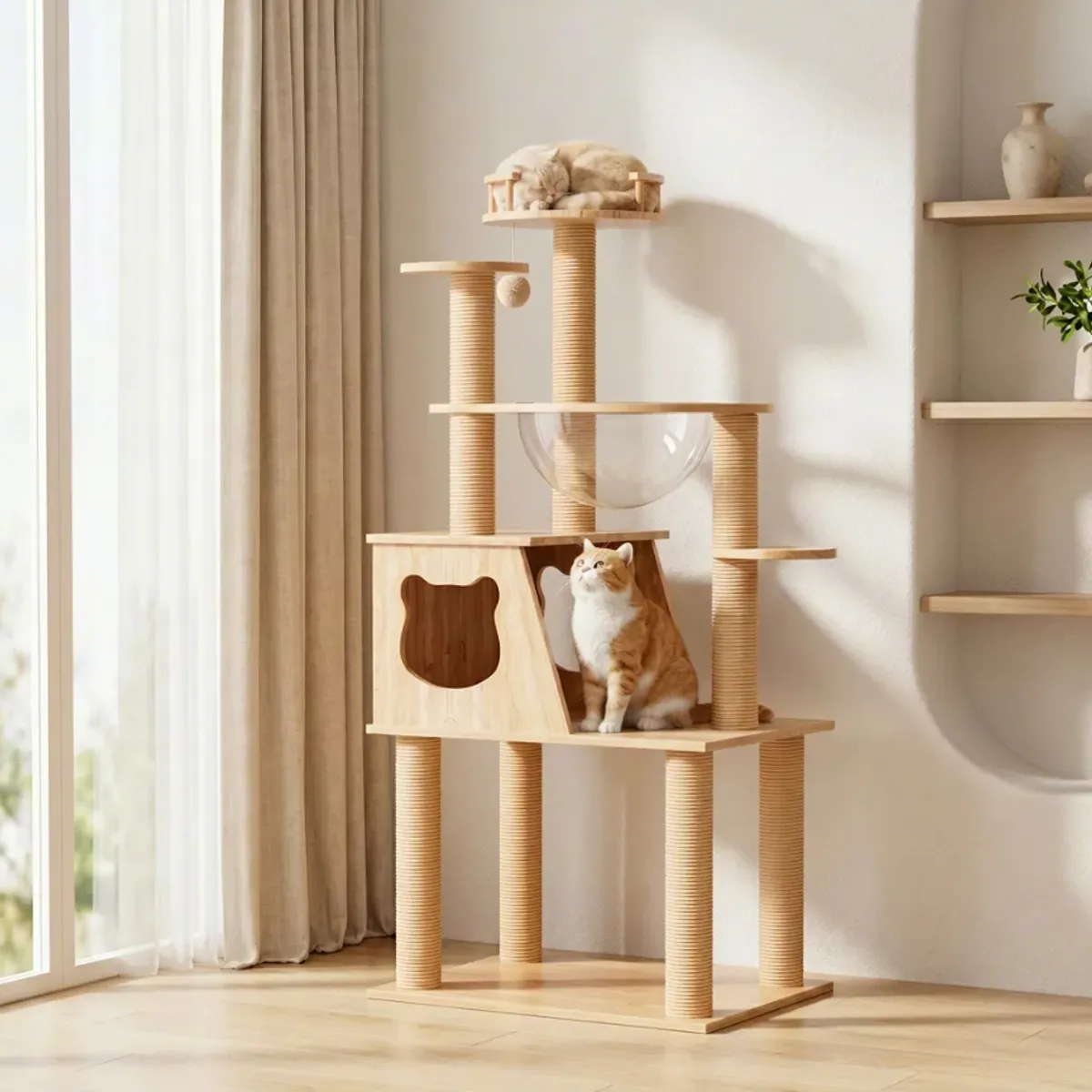 HOMER OUTDOOR - Rascador para Gatos con Casa y Hamaca 130 cm Natural 6pisos