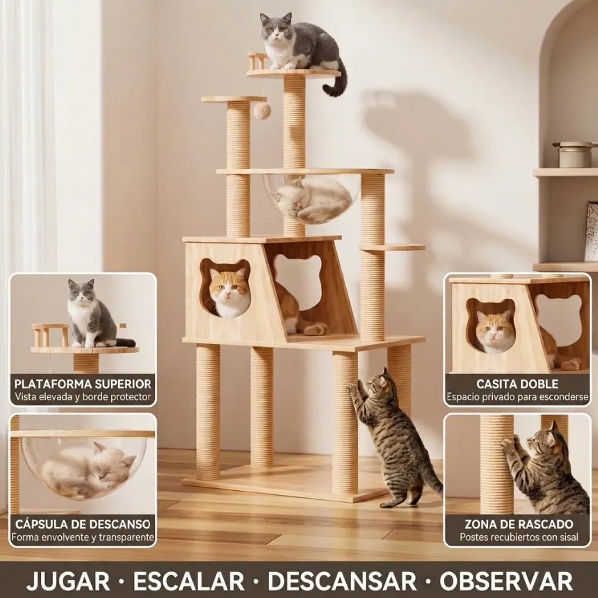 HOMER OUTDOOR - Rascador para Gatos con Casa y Hamaca 130 cm Natural 6pisos