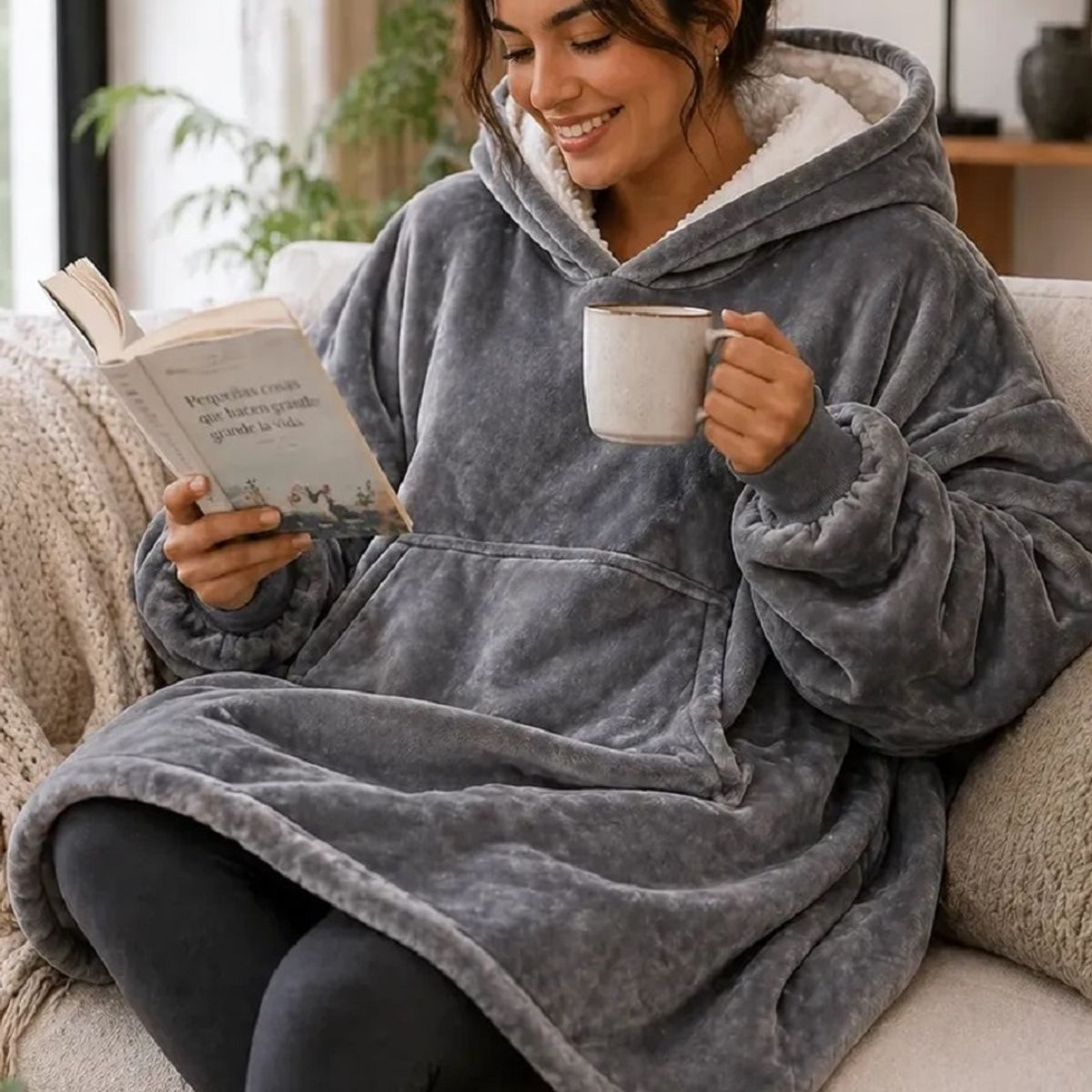 MOVI - Polerón Sherpa Con Capucha Tipo Huggle, Talla Unica, AZUL. NEGRO, GRIS,