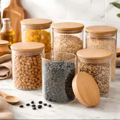 GENERICO - Set 6 Frascos Vidrio Hermeticos Tapa Bambu